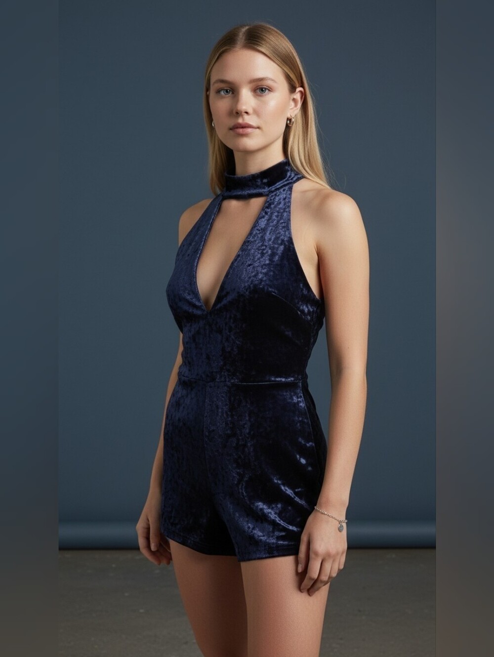 Tobi Crushed Velvet Romper With Choker Collar Neckline - Small